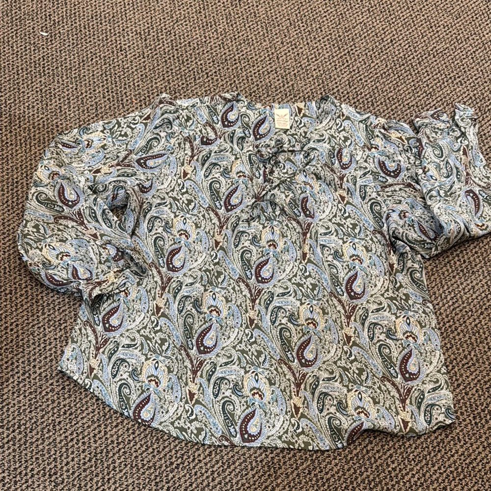 Faded Glory Tan and Brown Boxy Blouse 3/4 Sleeve